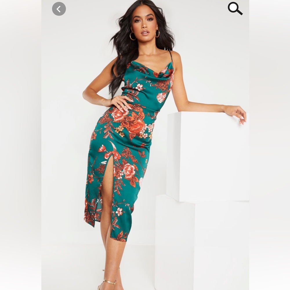 Pretty Little Thing Emerald Green Floral Strappy Satin Cowl midi dress, size 6